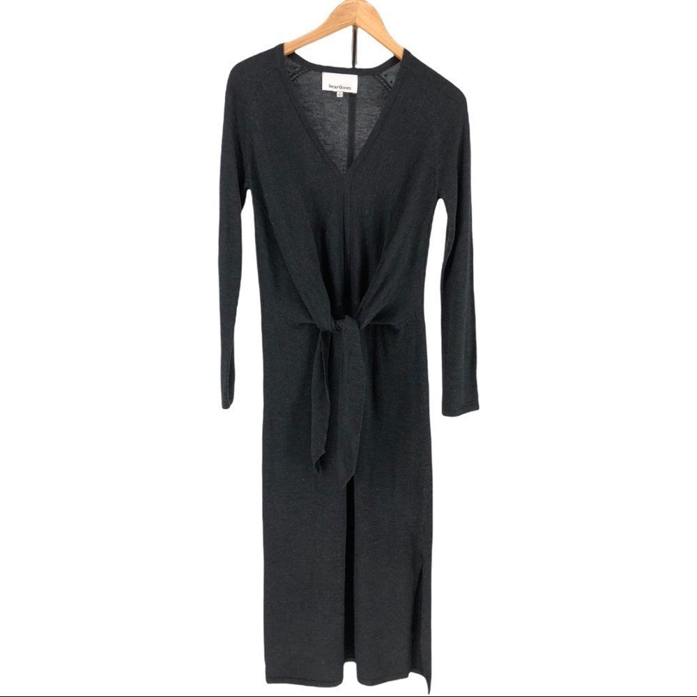 Heartloom Charcoal Grey Tie Waist Sweaterdress Midi Length Long Sleeve Dress